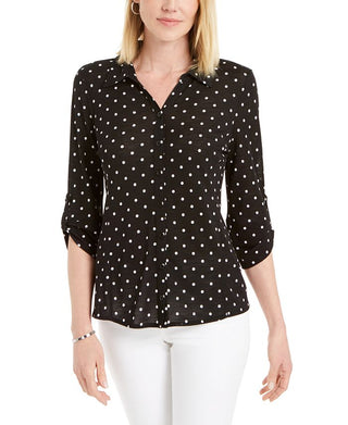 Charter Club Women's Mesh Dot Print Button Down Top Black Size XX-Large