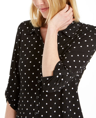 Charter Club Women's Mesh Dot Print Button Down Top Black Size XX-Large