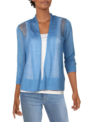 Alfani Women's Mixed Stitch Open Front Linen Blend Cardigan Blue Size Small