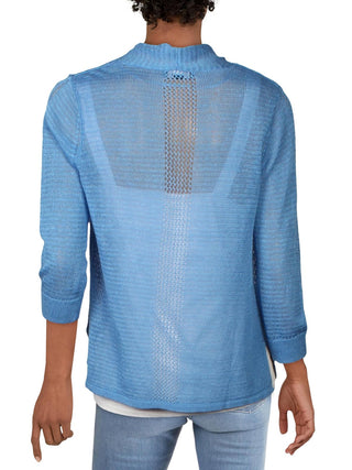 Alfani Women's Mixed Stitch Open Front Linen Blend Cardigan Blue Size Small