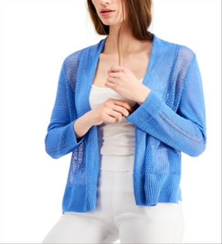 Alfani Women's Mixed Stitch Open Front Linen Blend Cardigan Blue Size Small