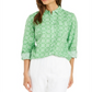 Charter Club Women's Printed Button Front Roll Tab Sleeve Top Green Size Petite X-Small