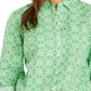 Charter Club Women's Printed Button Front Roll Tab Sleeve Top Green Size Petite X-Small