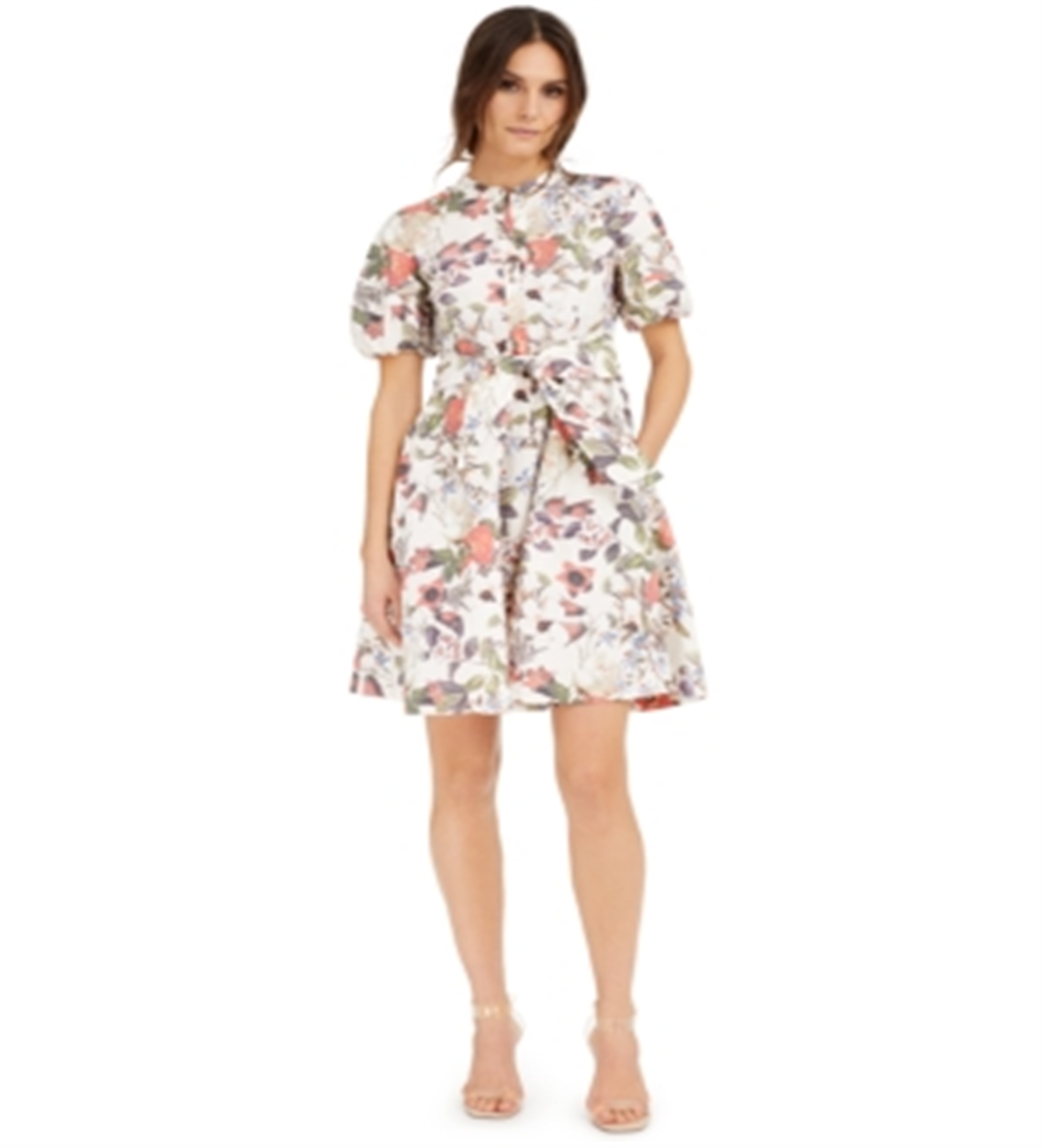 INC International Concepts Women's Floral Short Sleeve Crew Neck Short Shirt Dress White Size Large
