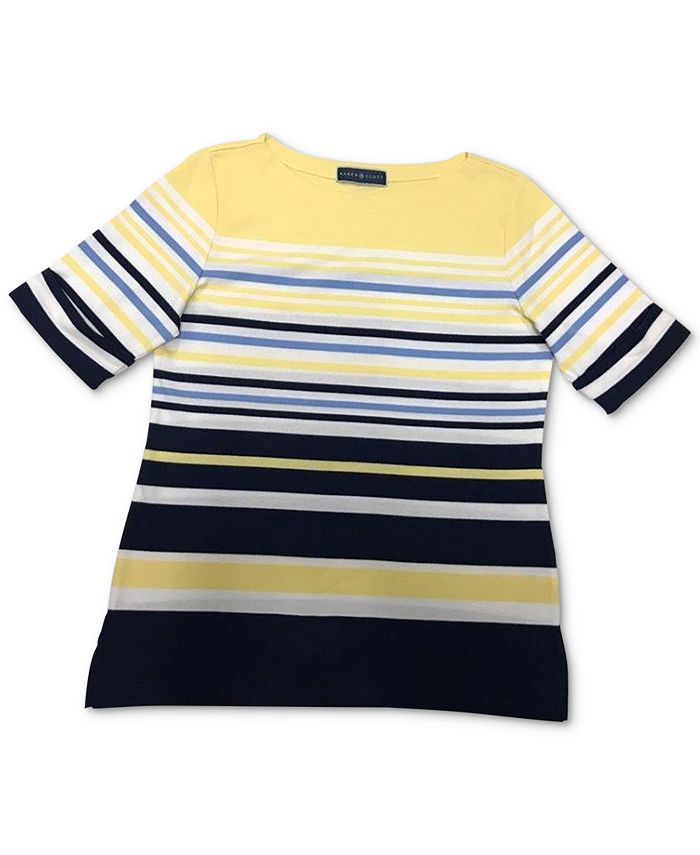 Karen Scott Women's Striped Elbow Sleeve Top Yellow Size Small