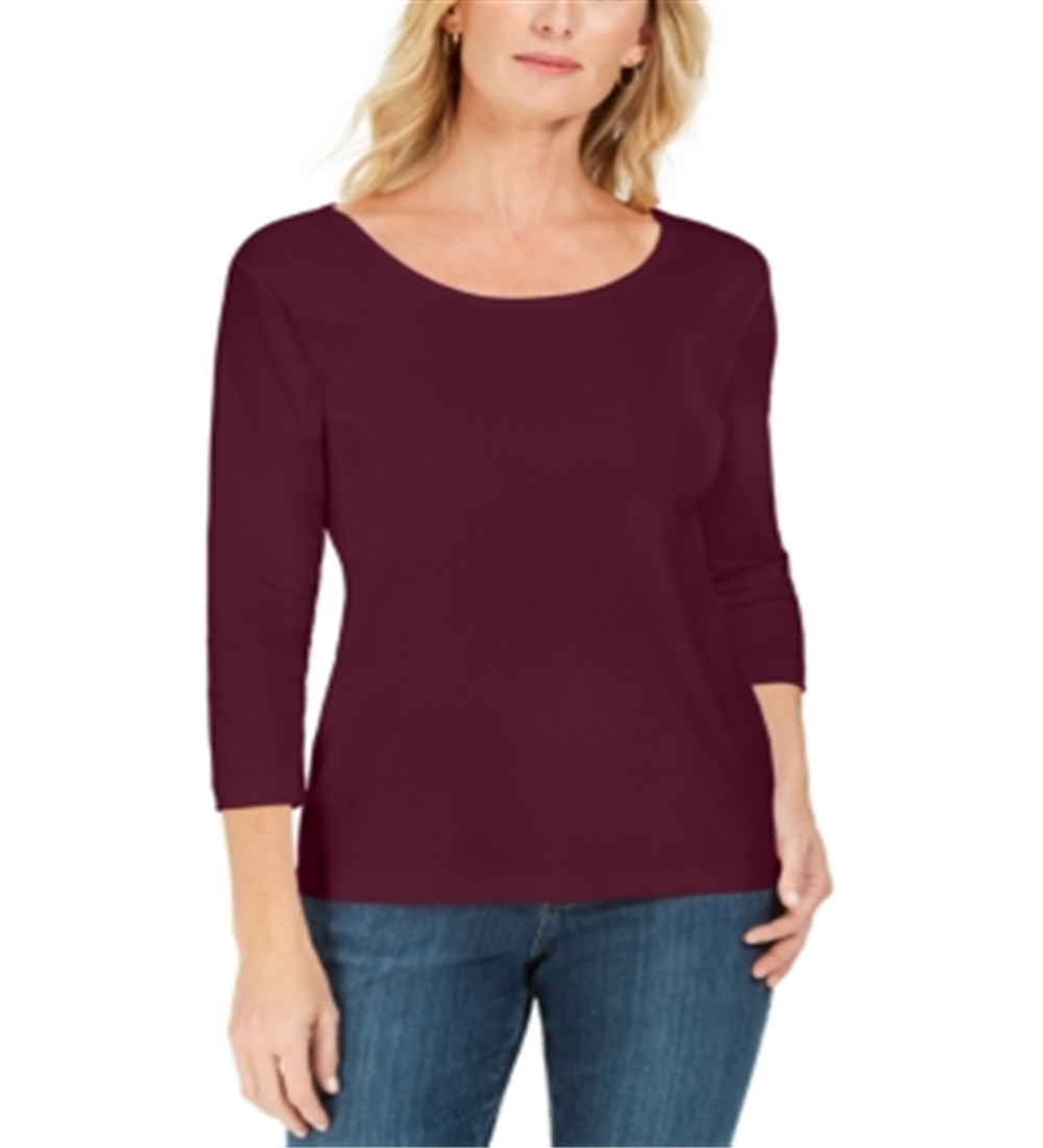 Karen Scott Women's Cotton 3/4 Sleeve Top Wine Size Medium