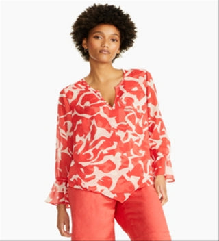 Alfani Women's Sheer Patterned Long Sleeve V Neck Tunic Top Red Size X-Small