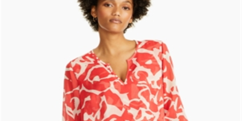 Alfani Women's Sheer Patterned Long Sleeve V Neck Tunic Top Red Size X-Small