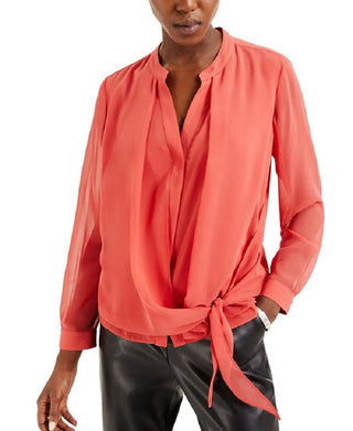 Alfani Women's Coral Tie Front Long Sleeve with Buttons Blouse Red Size Medium