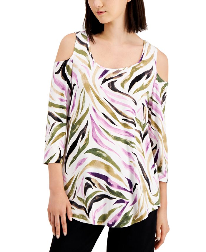JM Collection Women's Zebra Print Cold Shoulder Top Purple Size Medium
