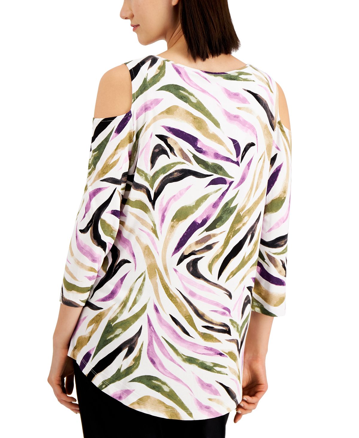JM Collection Women's Zebra Print Cold Shoulder Top Purple Size Medium
