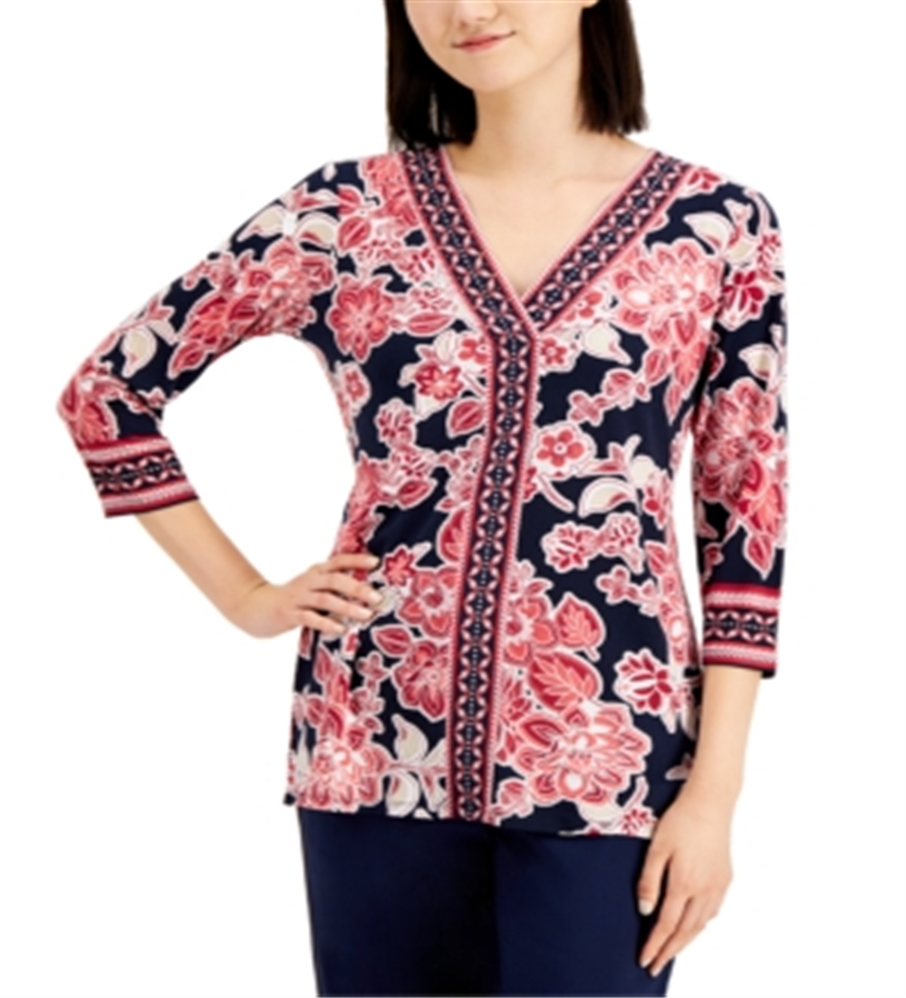 JM Collection Women's Oasis Embellished Mixed Print Top Red Size Small