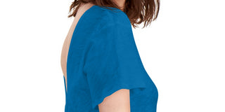 INC International Concepts Women's Ruffled V Back With Tie Short Sleeve Crew Neck Peplum Top Blue Size Large