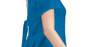 INC International Concepts Women's Ruffled V Back With Tie Short Sleeve Crew Neck Peplum Top Blue Size Large