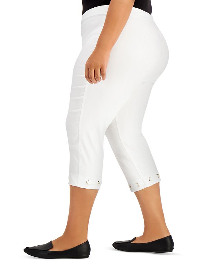 JM Collection Women's Grommet Hem Tummy Control Capri Pants White Size 1X