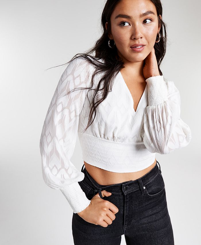 Bar III Women's Jacquard Cropped Blouse White Size Medium