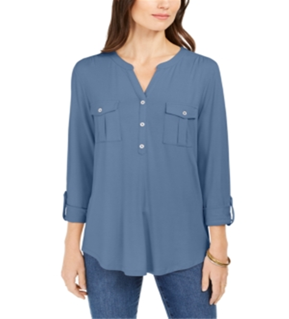 Style & Co Women's Split Neck Roll Tab Sleeve Top Blue Size Medium