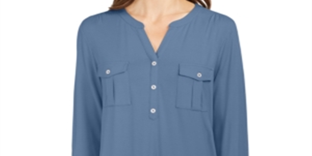Style & Co Women's Split Neck Roll Tab Sleeve Top Blue Size Medium