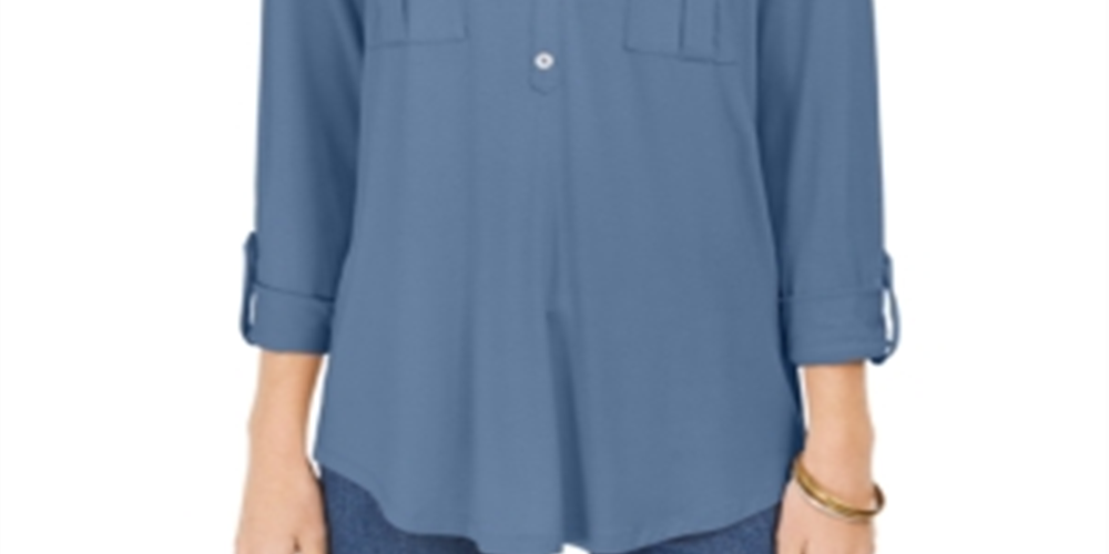 Style & Co Women's Split Neck Roll Tab Sleeve Top Blue Size Medium