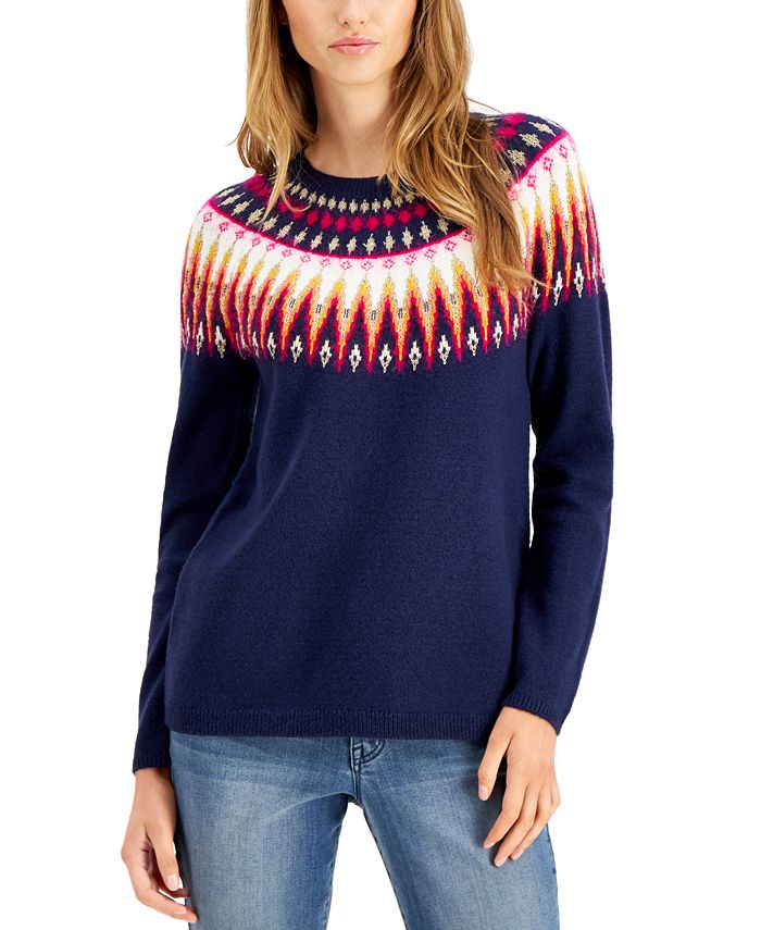 Style & Co Women's Printed Long Sleeve Crew Neck Sweater Blue Size Small