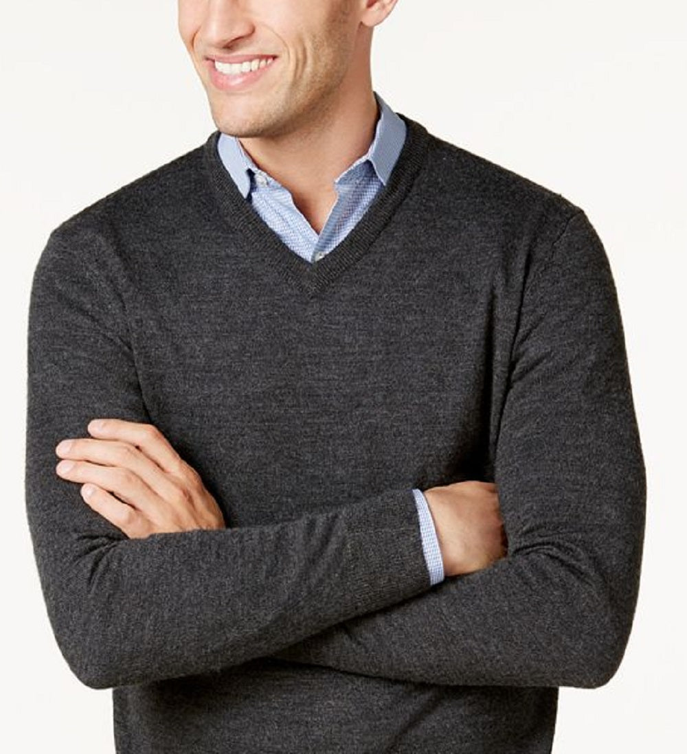 Club Room Men's Solid V Neck Merino Wool Blend Sweater Black Size X-Large