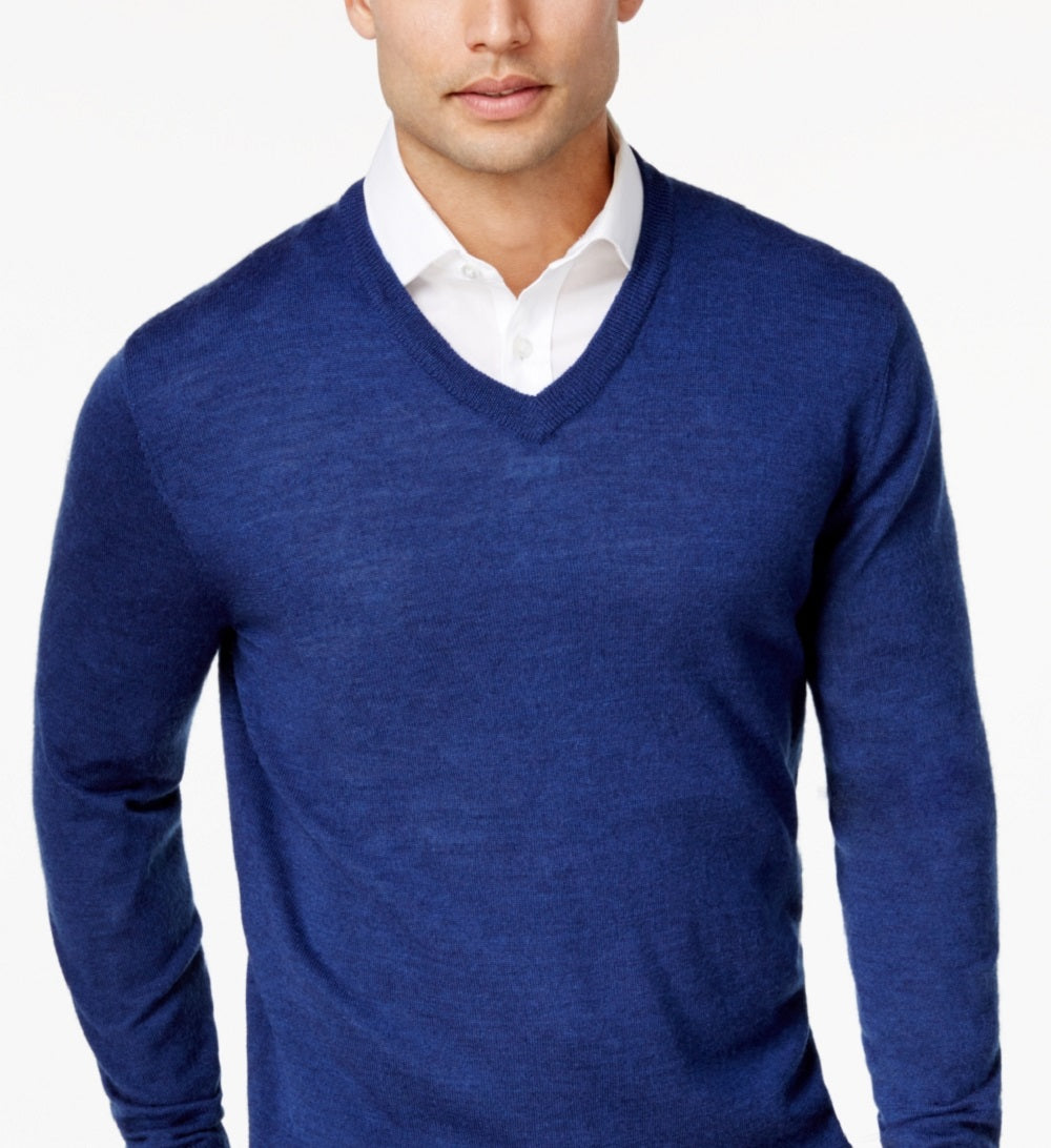 Club Room Men's Solid V Neck Merino Wool Blend Sweater Blue Size Medium