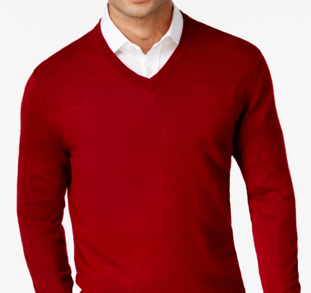 Club Room Men's Solid V Neck Merino Wool Blend Sweater Red Size Medium