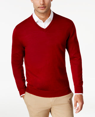 Club Room Men's Solid V Neck Merino Wool Blend Sweater Red Size Medium