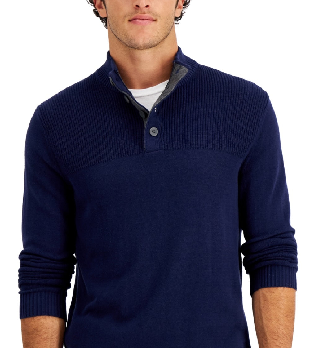 Club Room Men's Cotton Button Mock Turtleneck Sweater Blue Size XX-Large