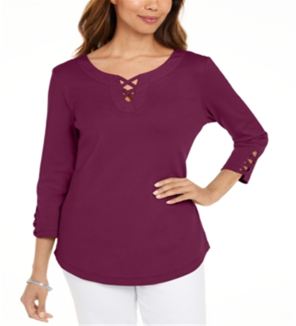 Karen Scott Women's Cotton Lace Up T-Shirt Purple Size XXL