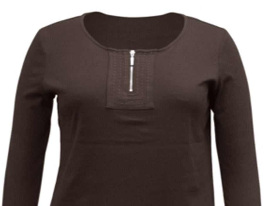 Karen Scott Women's Zippered 3/4 Sleeve Scoop Neck Top Brown Size Large