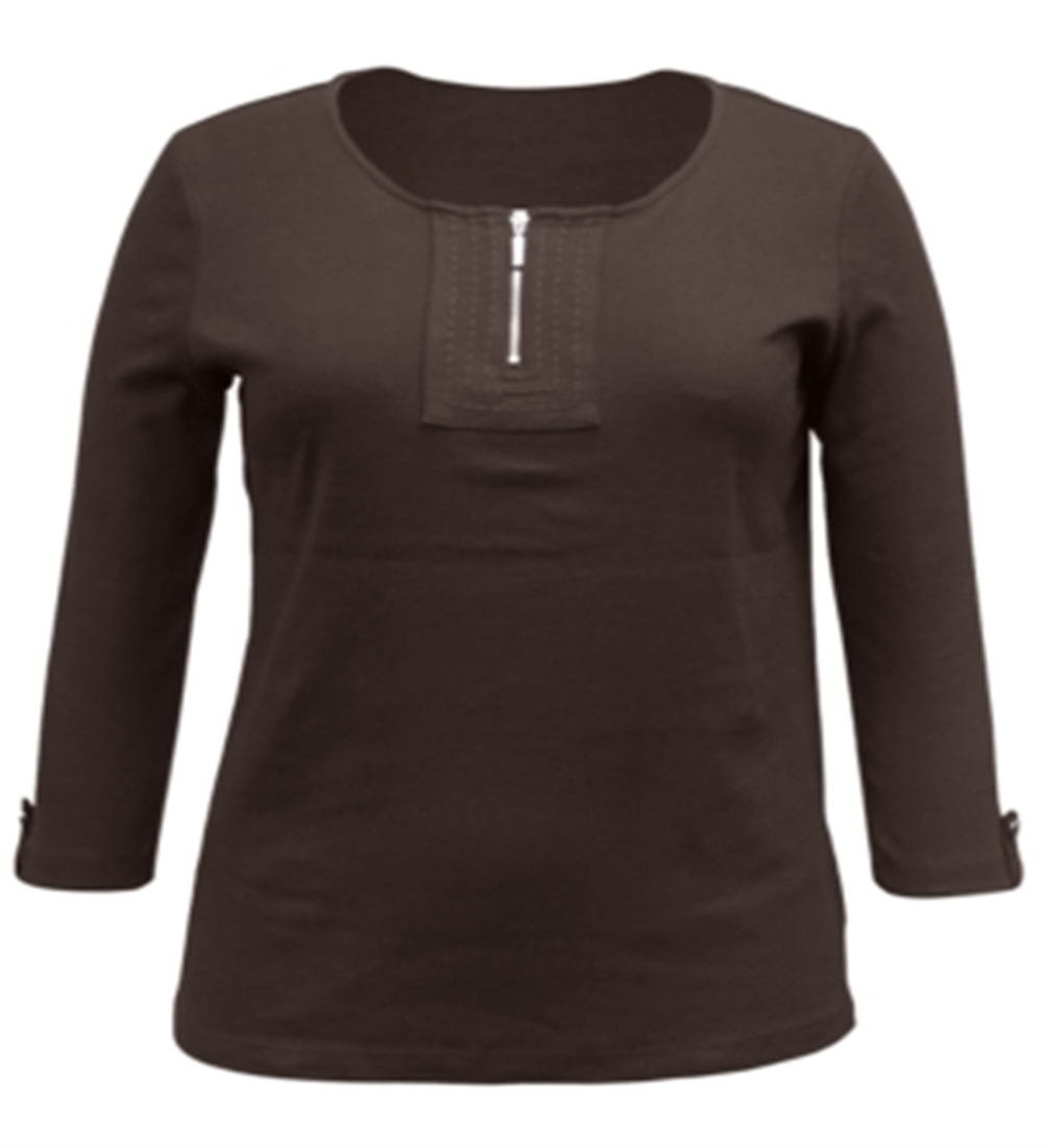 Karen Scott Women's Zippered 3/4 Sleeve Scoop Neck Top Brown Size Large