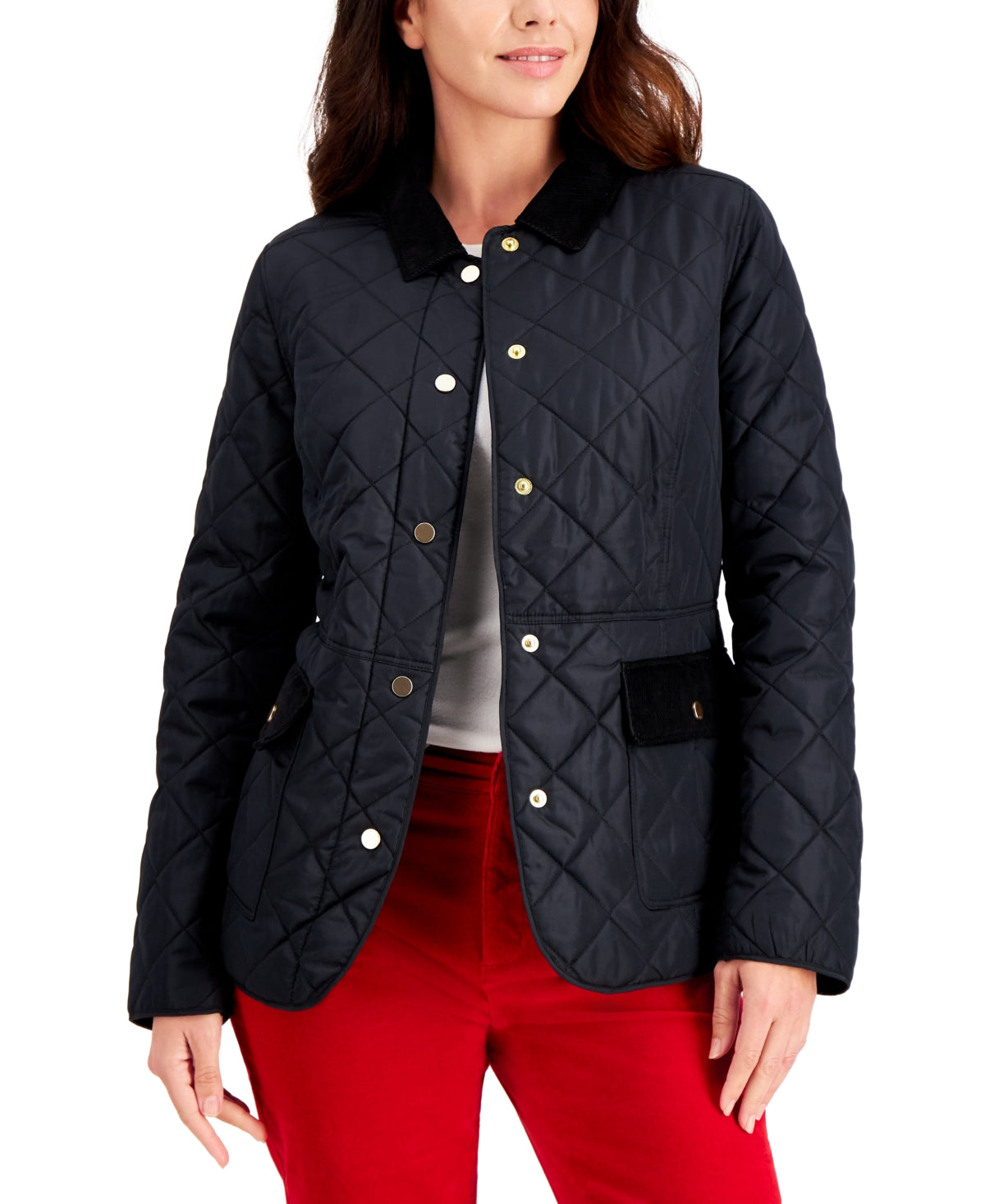 Charter Club Women's Quilted Corduroy Trim Jacket Black Size Large