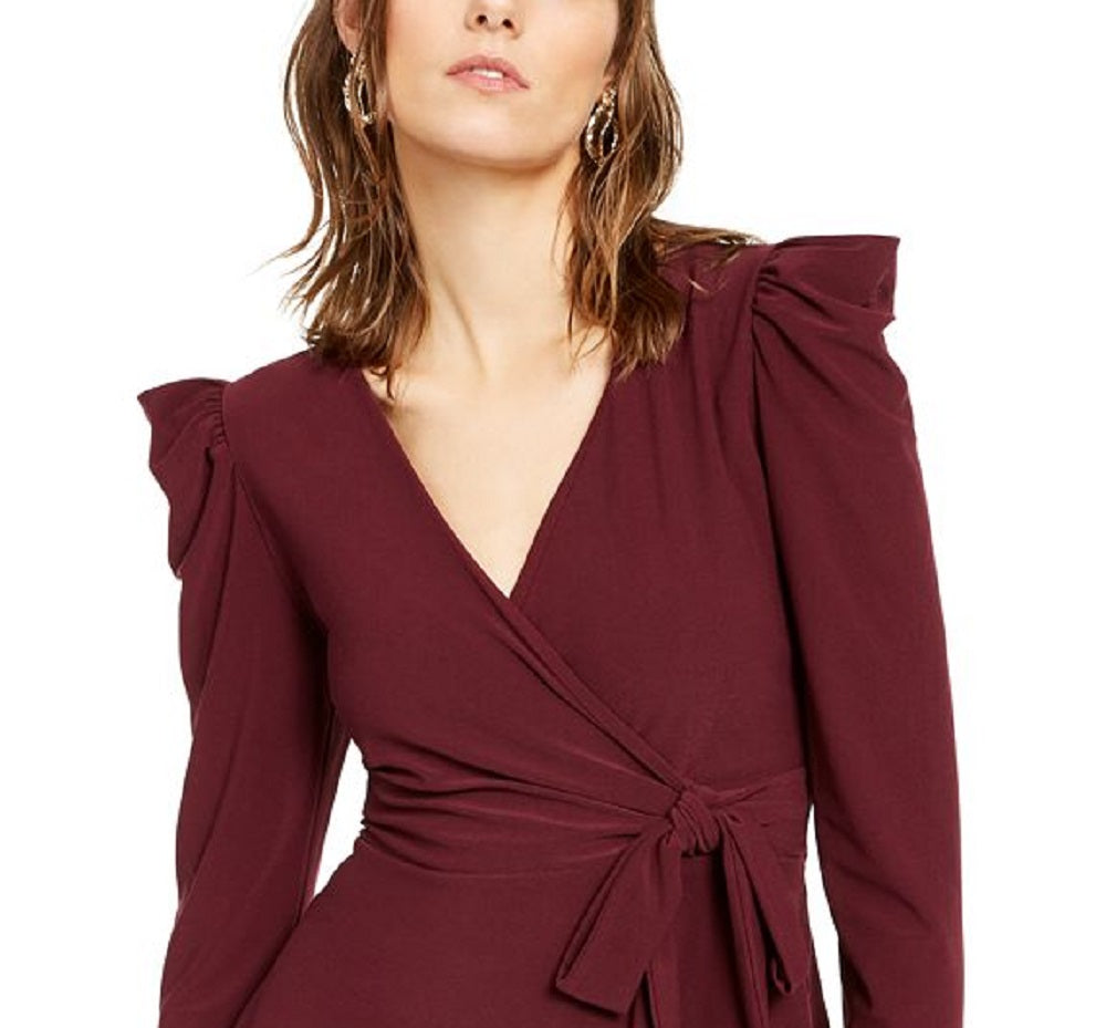INC International Concepts Women's Ruffled Side Tie Long Sleeve V Neck Wear to Work Faux Wrap Top Brown Size Small