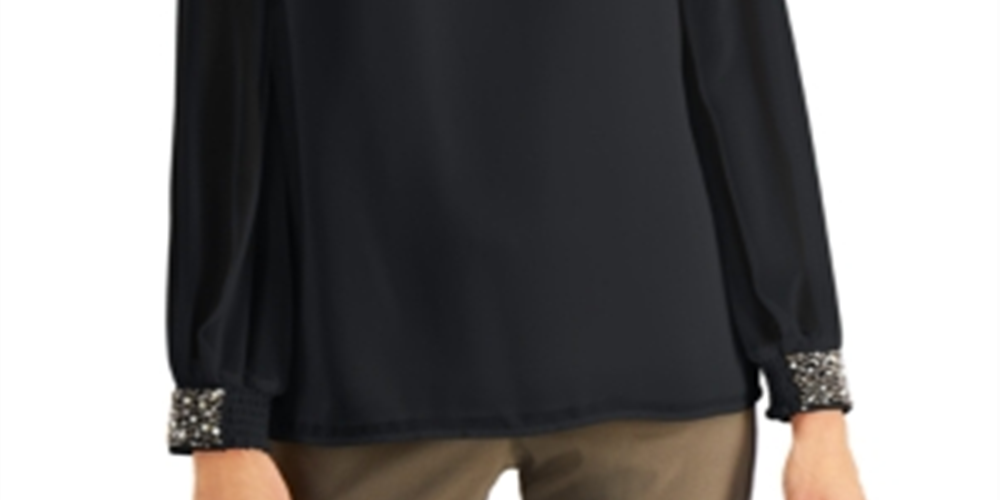 JM Collection Women's Beaded Smocked Cuff Top Black Size Large