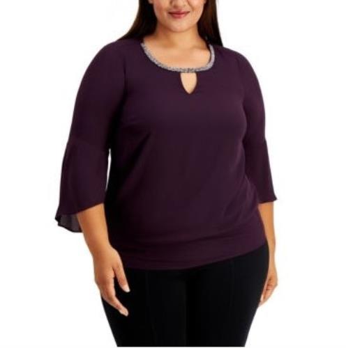 JM Collection Women's Bell Sleeve Rhinestone Neck Top Dark Purple Size X-Large