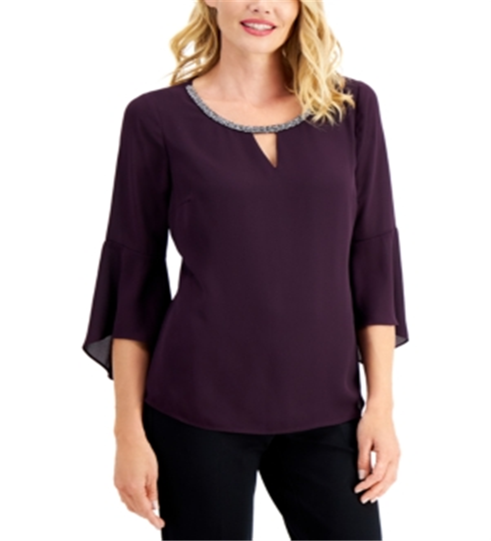 JM Collection Women's Bell Sleeve Rhinestone Neck Top Dark Purple Size X-Large