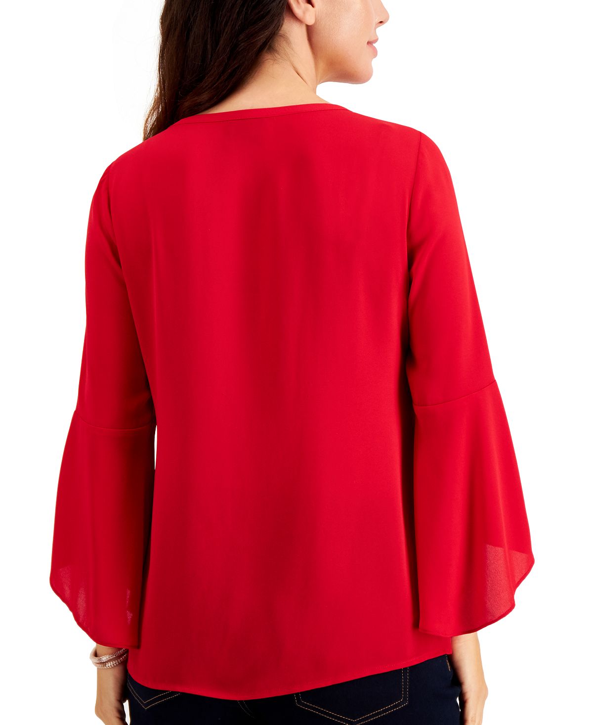 JM Collection Women's Bell Sleeve Rhinestone Neck Top Red Size Large