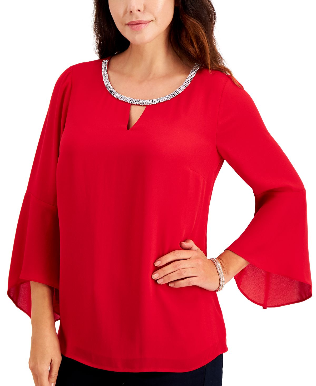 JM Collection Women's Bell Sleeve Rhinestone Neck Top Red Size Large