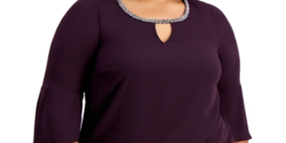 JM Collection Women's Bell Sleeve Embellished Trim Blouse Purple Size 2X