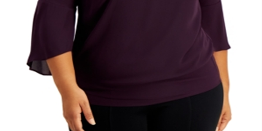 JM Collection Women's Bell Sleeve Embellished Trim Blouse Purple Size 2X