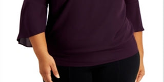 JM Collection Women's Bell Sleeve Embellished Trim Blouse Purple Size 2X