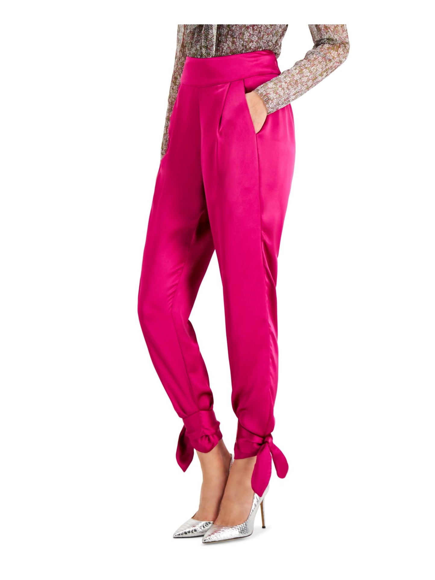 INC International Concepts Women's Tie Pocketed Satin Skinny Party Pants Pink Size 4