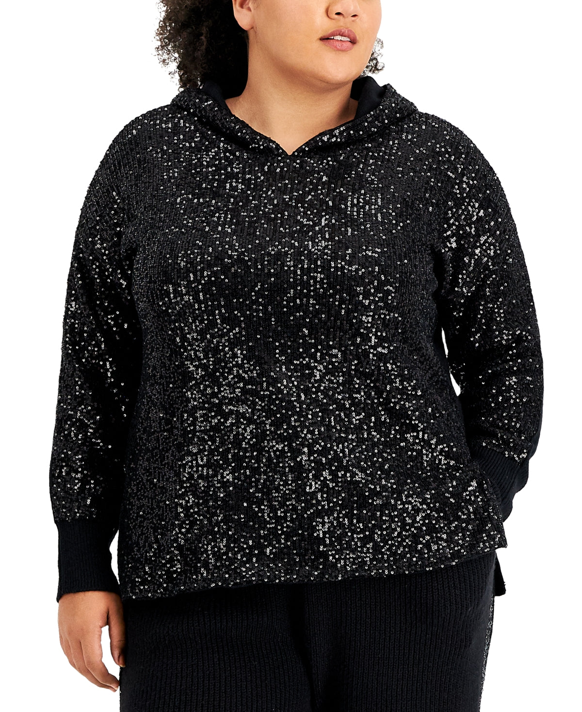 INC International Concepts Women's Sequin Sweater Hoodie Black Size 2X
