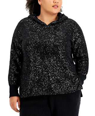 INC International Concepts Women's Sequin Sweater Hoodie Black Size 2X