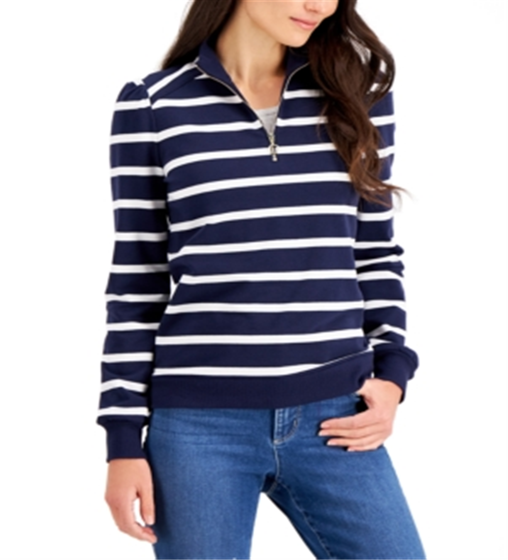 Charter Club Women's Cotton Striped Zip Neck Top Blue Size Petite L