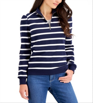 Charter Club Women's Cotton Striped Zip Neck Top Blue Size Petite L
