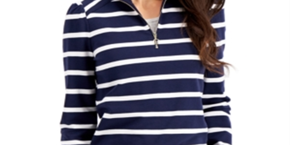 Charter Club Women's Cotton Striped Zip Neck Top Blue Size Petite L