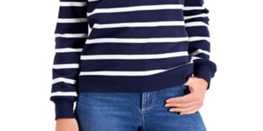 Charter Club Women's Cotton Striped Zip Neck Top Blue Size Petite L