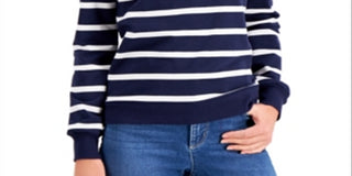 Charter Club Women's Cotton Striped Zip Neck Top Blue Size Petite L